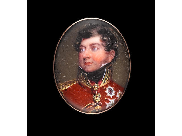 Henry Bone, R.A. (British, 1755-1834) George IV (1762-1830), as Prince Regent, wearing Field Marshal's scarlet uniform with gold epaulette and collar and tied black stock, the Order of the Golden Fleece around his neck and the breast stars of the Order of the Garter, St Andrew, Black Eagle and Holy Spirit pinned to his breast