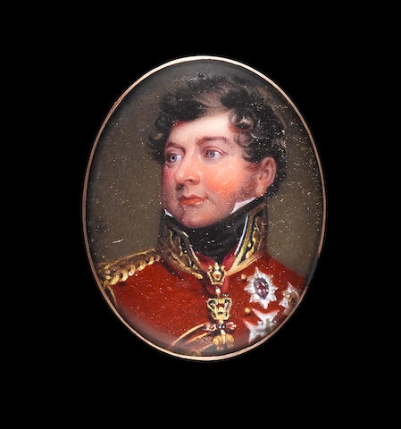 Henry Bone, R.A. (British, 1755-1834) George IV (1762-1830), as Prince Regent, wearing Field Marshal's scarlet uniform with gold epaulette and collar and tied black stock, the Order of the Golden Fleece around his neck and the breast stars of the Order of the Garter, St Andrew, Black Eagle and Holy Spirit pinned to his breast