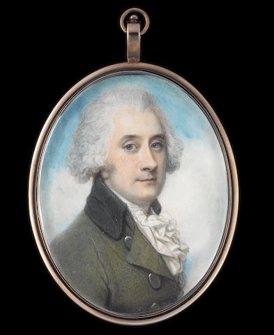 Richard Cosway, RA (British, 1742-1821) A Gentleman, wearing moss-green coat with grey collar, and covered buttons, white waistcoat and frilled cravat, his hair powdered
