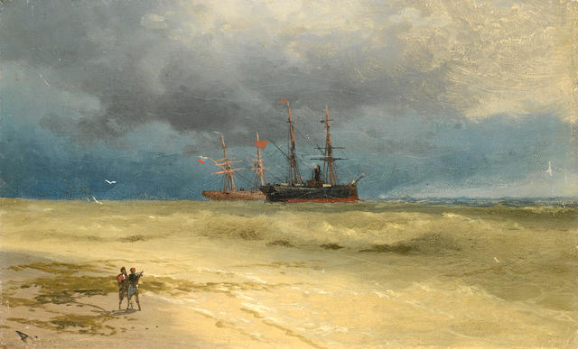 Ivan Konstantinovich Aivazovsky (Russian, 1817-1900) Two ships anchored off a beach