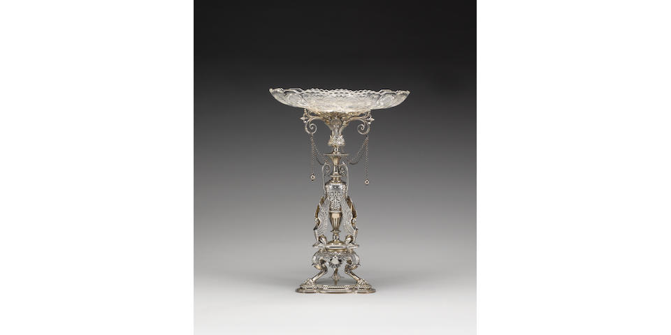 A Victorian Egyptian Revival silver &#233;pergne, by Frederick Elkington, probably from a design by Auguste-Adolphe Willms, Birmingham 1874, base with incuse ELKINGTON & Co and pattern number 10396,