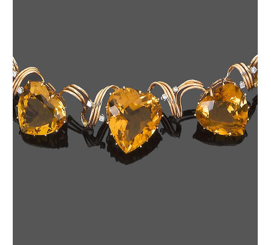 A citrine and diamond necklace, bracelet, earring and ring suite, and similar brooch/pendant and ring (6) (partially illustrated)