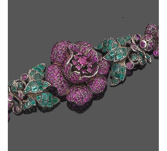 A ruby and emerald bracelet, necklace, brooch/pendant, earring and ring suite (5) (partially illustrated)