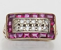 A ruby and diamond rectangular panel ring