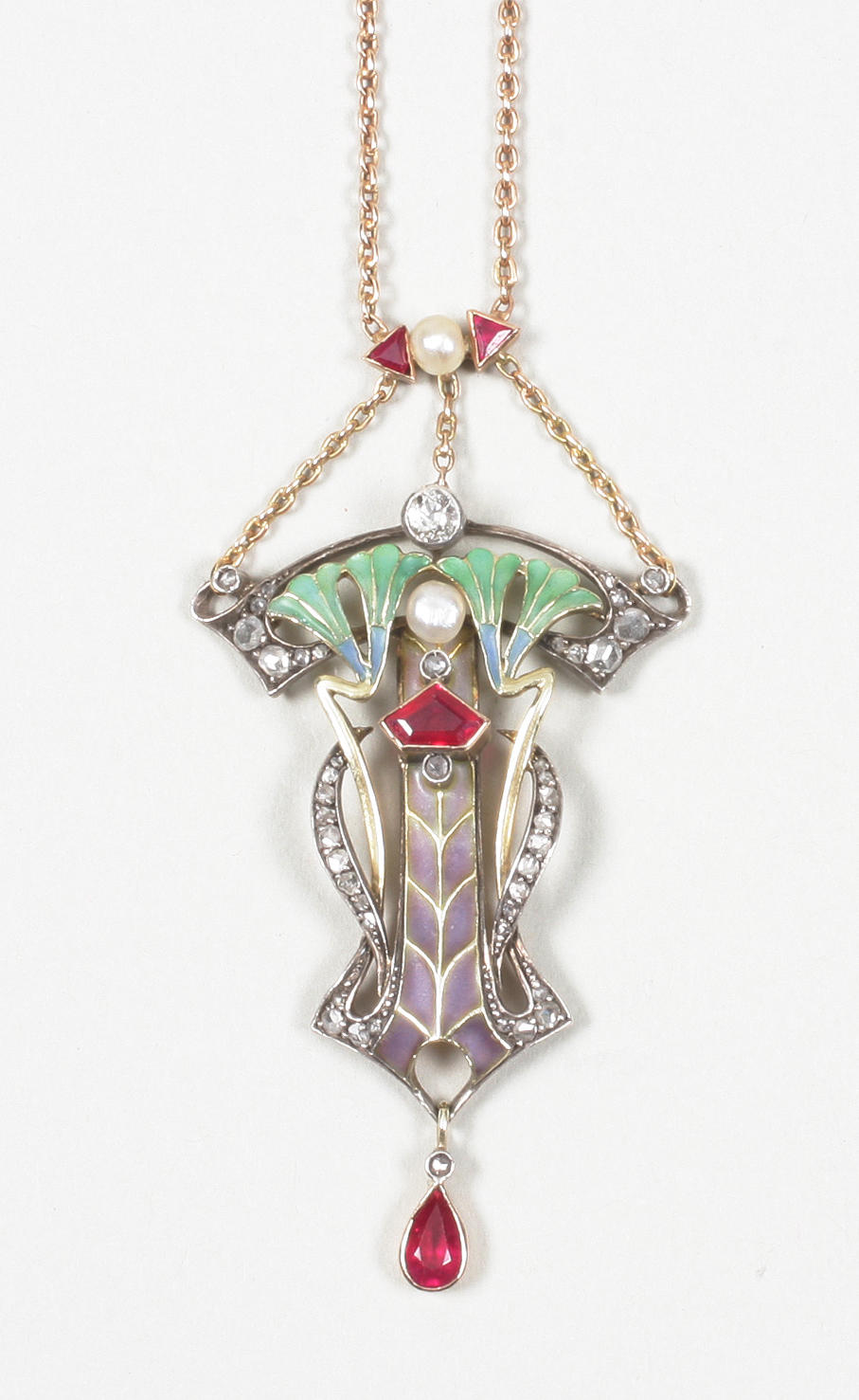 An Art Nouveau gold, diamond and plique-a-jour enamel pendant Unmarked, the chain with Russian import marks for 1896-1908,