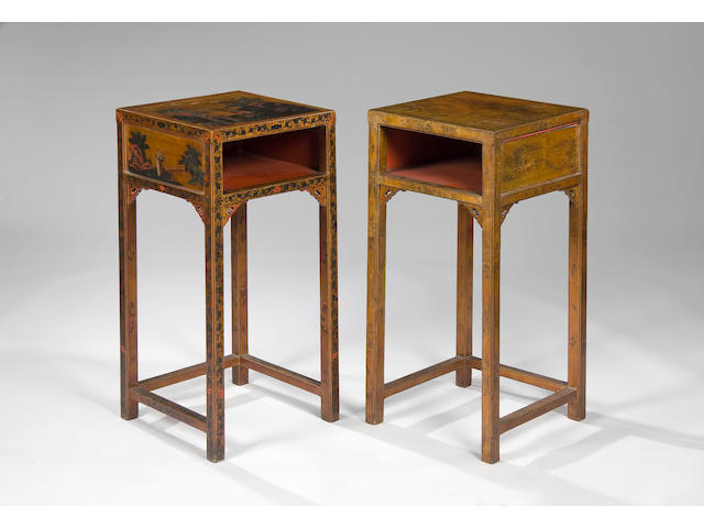 An unusual matched pair of Anglo-Chinese lacquer and penwork side tables