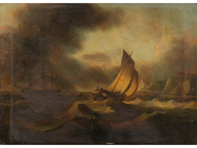 English School, 19th Century Shipping in a storm off the coast 38 x 52cm
