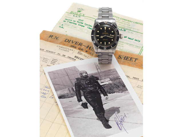 Rolex. A fine and rare stainless steel automatic centre seconds wristwatch together with Royal Navy diving log sheetOyster Perpetual, 200m=660ft, Submariner, Ref:5510, Case No.362252, Made in 1958, Sold in 1958