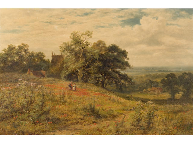 Robert Gallon (British, 1845-1925) Figures in an expansive summer landscape