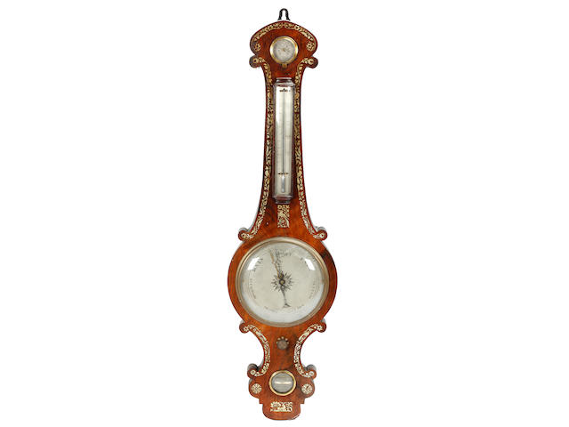 A Victorian mother o' pearl inlaid rosewood wheel barometer,