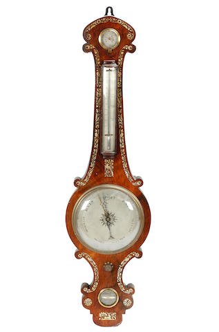 A Victorian mother o' pearl inlaid rosewood wheel barometer,