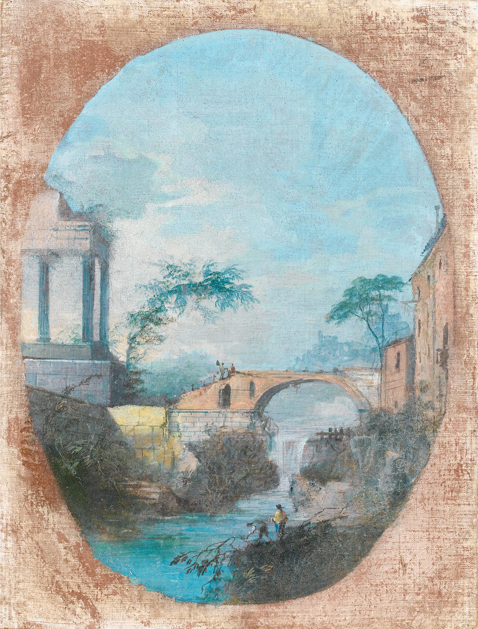 Attributed to Maria Luigia Raggi (active in Florence and Rome, 18th Century) A capriccio with elegant figures before a waterfall, within a painted oval; and Figures crossing a bridge (2)