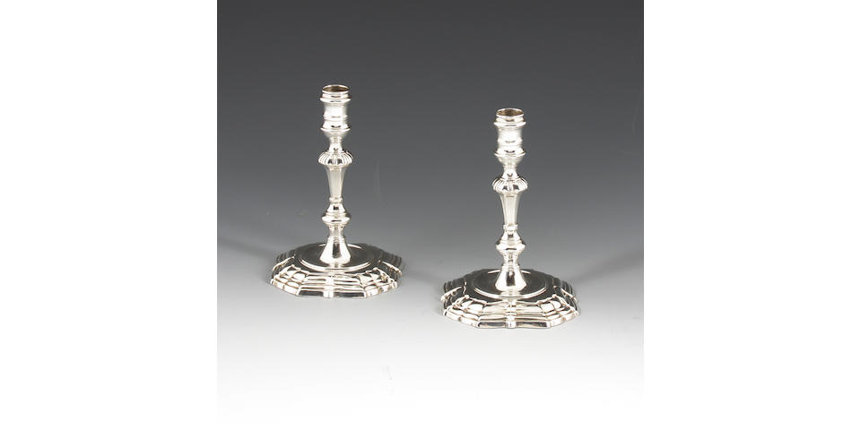 A pair of George II silver cast tapersticks By William Kidney, London, 1737,  (2)