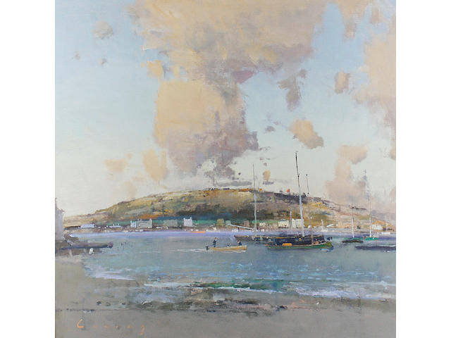 Fred Cuming (British, born 1930) Coastal scene with moored boats