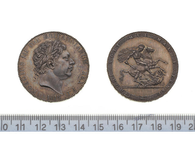 George III, Pattern Crown, 1818, by Pistrucci, large laureate head left, larger date below,