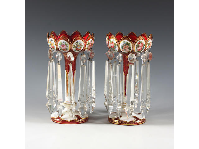 A pair of Bohemian ruby overlay glass table lustres 19th Century.