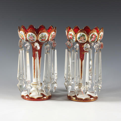 A pair of Bohemian ruby overlay glass table lustres 19th Century.