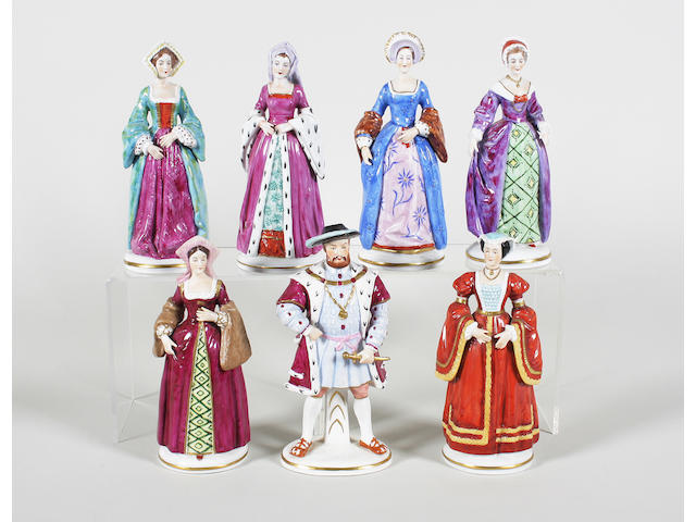 A set of seven Sitzendorf figures representing King Henry VIII and his six wives 20th century