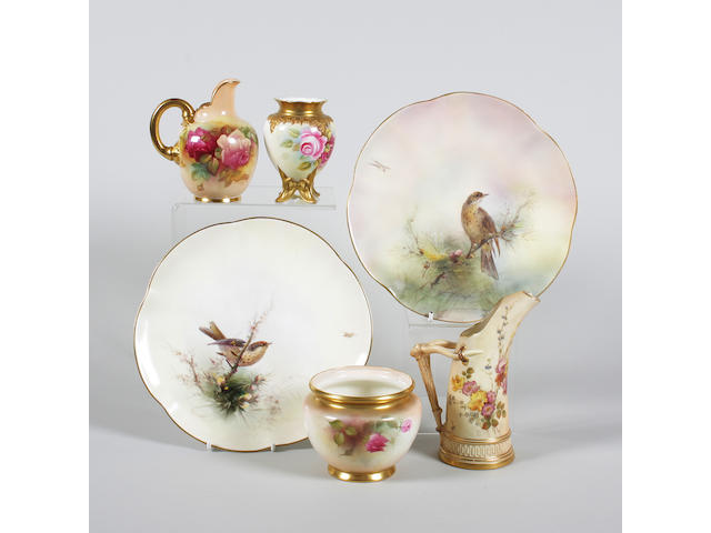 A pair of Royal Worcester plates by James Stinton, a flat-back jug by Millie Hunt and three further pieces of Royal Worcester Early-mid 20th century