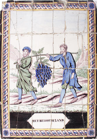 A Dutch Delft twelve tile panel 'Het Beloofdeland' Early 19th Century.