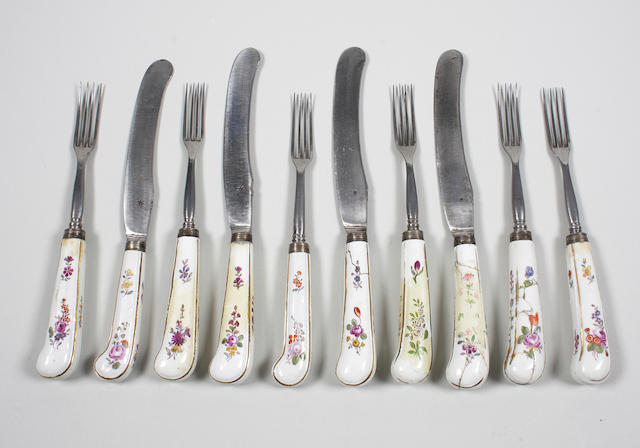 Four knives and six forks with German porcelain handles 19th Century.