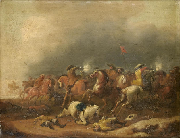 Jan Jacobsz. van der Stoffe (Leiden 1611-1682) A cavalry skirmish on a country path