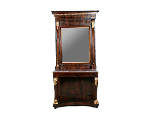 An Empire revival walnut and parcel gilt console table and mirror