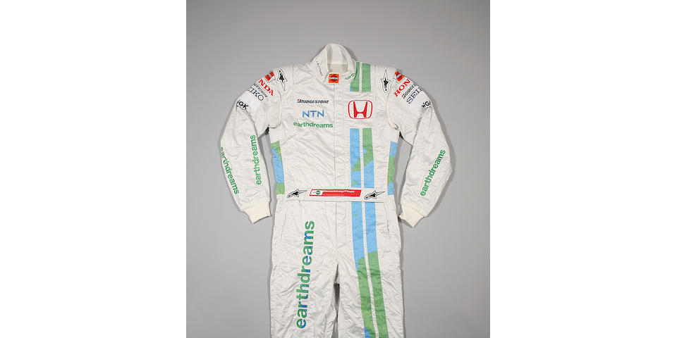 A pair of Jenson Button&#8217;s Honda 'earthdreams' race overalls by Alpinestars, 2008,