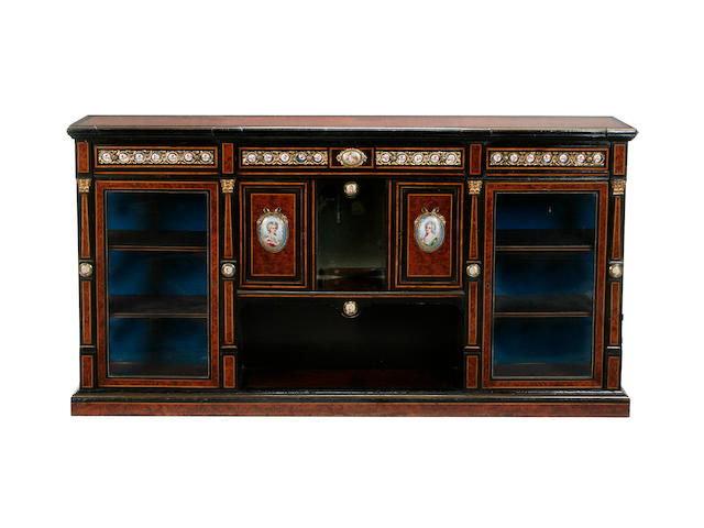A pair of Victorian thuya, ebonised, tulipwood banded and gilt metal mounted side cabinets