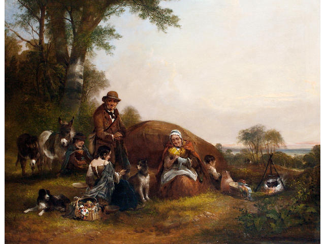 Attributed to William Shayer, Snr. (British, 1787-1879) Travellers resting in an open landscape