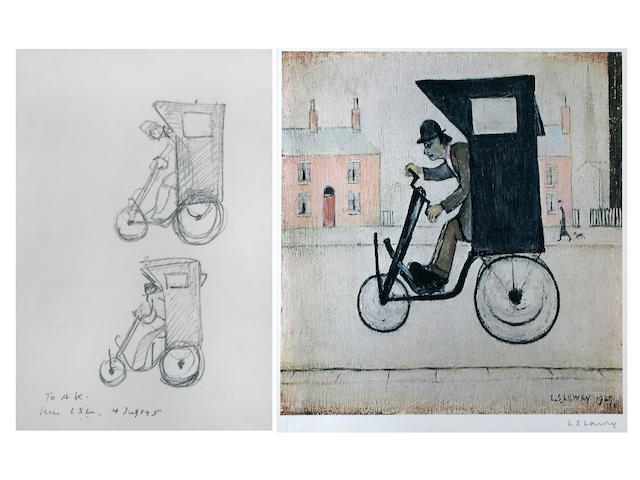 Laurence Stephen Lowry, R.A. (British, 1887-1976) 'The Contraption', with two accompanying printed sketches inscribed 'To A.K',