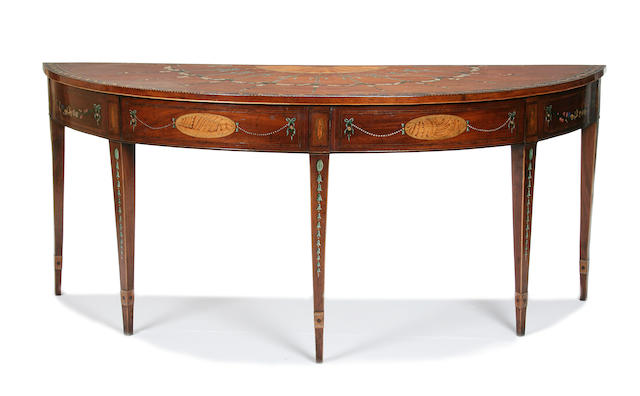 A George III style mahogany, marquetry, rosewood crossbanded and polychrome decorated pier table