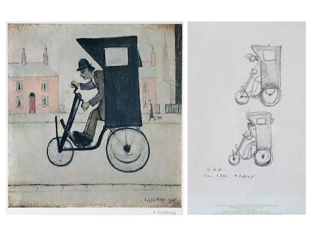 Laurence Stephen Lowry, R.A. (British, 1887-1976) 'The Contraption', signed in pencil, with blind stamp, together with a printed 'Preliminary study for The Contraption', 31 x 30cm and 25 x 16.5cm,(2),