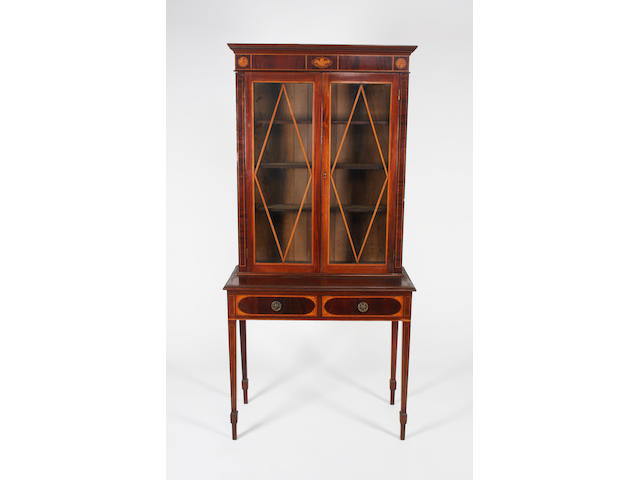 A George III style mahogany, chequer, line and paterae inlaid cabinet on stand, late 19th century