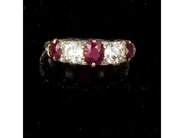 A late Victorian ruby and diamond five stone ring