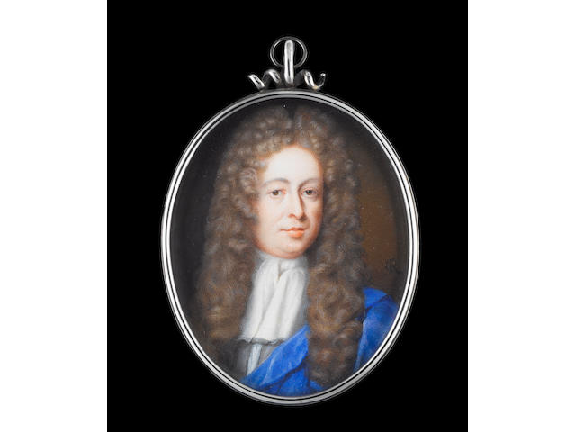 Christian Richter (Swedish, 1678-1732) John Lowther, 1st Viscount Lonsdale PC FRS (1655-1700), wearing grey coat, white cravat and long natural curled wig, a blue cloak over his left shoulder