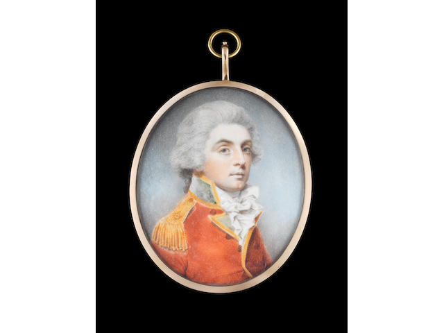 Charles Shirreff (Scottish, b. circa 1750) An Officer, wearing scarlet coat with gold edged green facings and gold epaulette, his powdered wig worn en queue