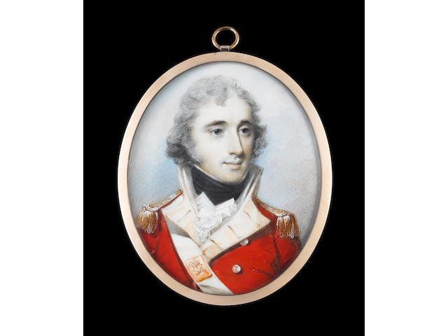 George Engleheart (British, 1750-1829) Lieutenant Colonel Thomas Grey (1770/1-1797), wearing the uniform of the 12th Regiment of Foot, scarlet coatee with buff coloured facings, gold epaulettes, white cross belt, the belt plate with Royal Insignia GR, white waistcoat, frilled white chemise and black stock, his hair powdered