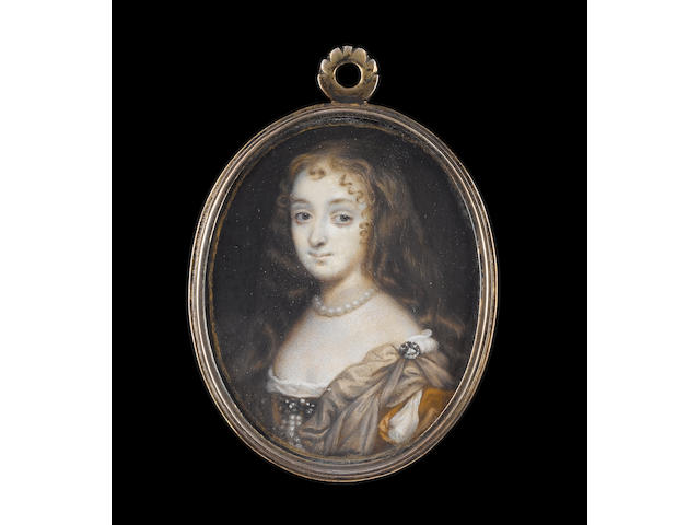 Richard Gibson (British, 1615-1690) Anne Hyde, Duchess of York (1637-1671), wearing ochre dress with slashed sleeve over white smock, mole-coloured mantle pinned at her left shoulder with jewelled clasp, pendent pearls from a jewelled brooch at her corsage and pearl necklace, her brown hair worn loose and curling