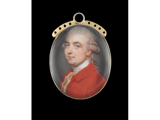 John Smart (British, 1742-1811) Joseph Sage (d.1820), wearing red coat, white waistcoat trimmed with gold braid, white lace cravat and stock, his hair powdered and worn en queue with a grey ribbon