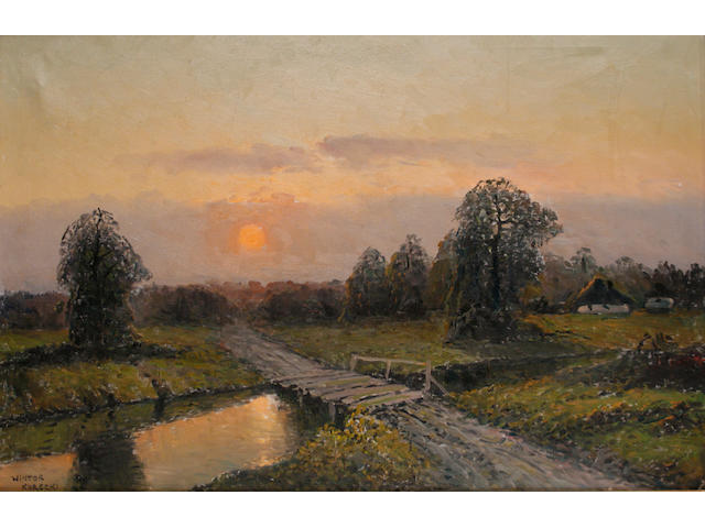 Wiktor Korecki (Polish, 1890-1980) Sunset in the Polish countryside