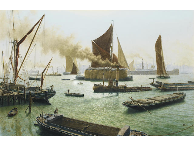 John Russell Chancellor (British, 1925-1984) Nearing journey's end in London's crowded river