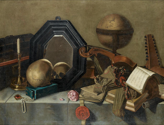 Circle of Pieter Gerritsz van Roestraten (Haarlem circa 1630-1700 London) A Memento Mori still life of a skull, a mirror, a globe, books, musical instruments and other objects on a draped table top