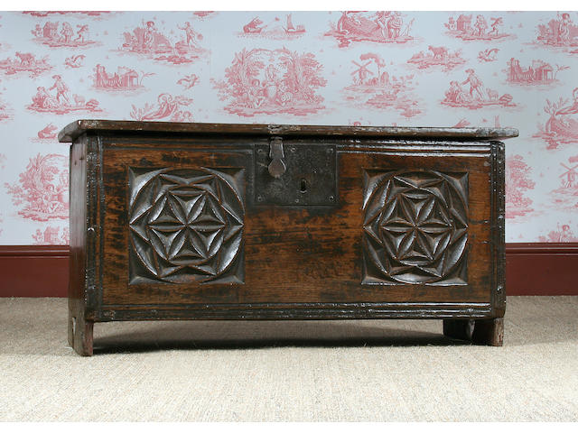 A mid 16th Century small six plank coffer