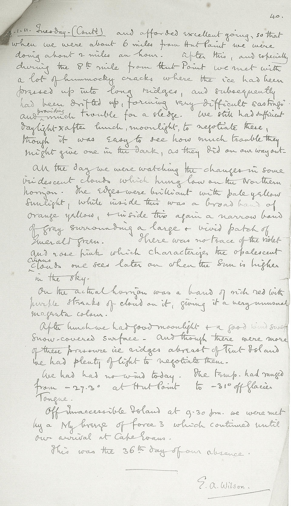 WILSON (EDWARD ADRIAN) Edward Wilson's autograph manuscript of his report on the celebrated winter journey to the Emperor Penguin rookery at Cape Crozier 'General Account of Journey from Cape Evans to Cape Crozier June 27. 1911 to Aug. 1. 1911',