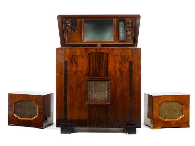 An HMV mirror-lid television and wireless console, type 900 with additional speaker outfit, 1937,