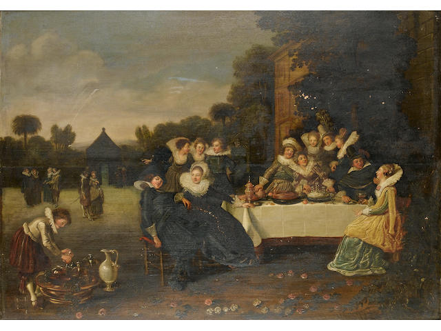 Circle of Esaias van de Velde (I) (Amsterdam 1587-1630 The Hague) Elegant figures in a garden, seated at a banquet