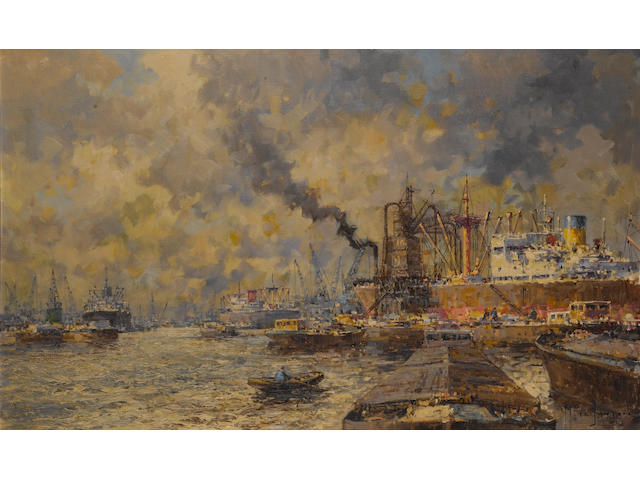 Marinus Johannes (de Jongere) Drulman (Dutch, 1912-1977) The Port of Rotterdam. Oil on canvas, signed "M de Jongere" bottom right hand side. 23x39in(59x99cm)