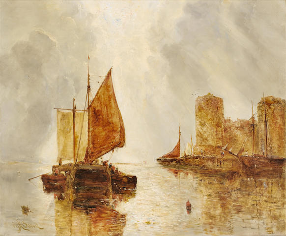 William Joseph Julius Caesar Bond (British, 1833-1926) Fishing boats at and off the quay at Caernarvon, with the castle rising beyond