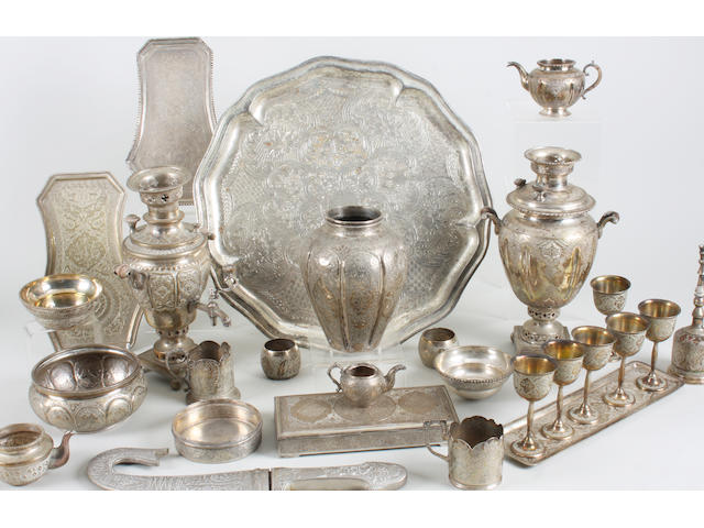 A collection of Eastern metalwares and electroplated items Some with stamped marks,  (qty)